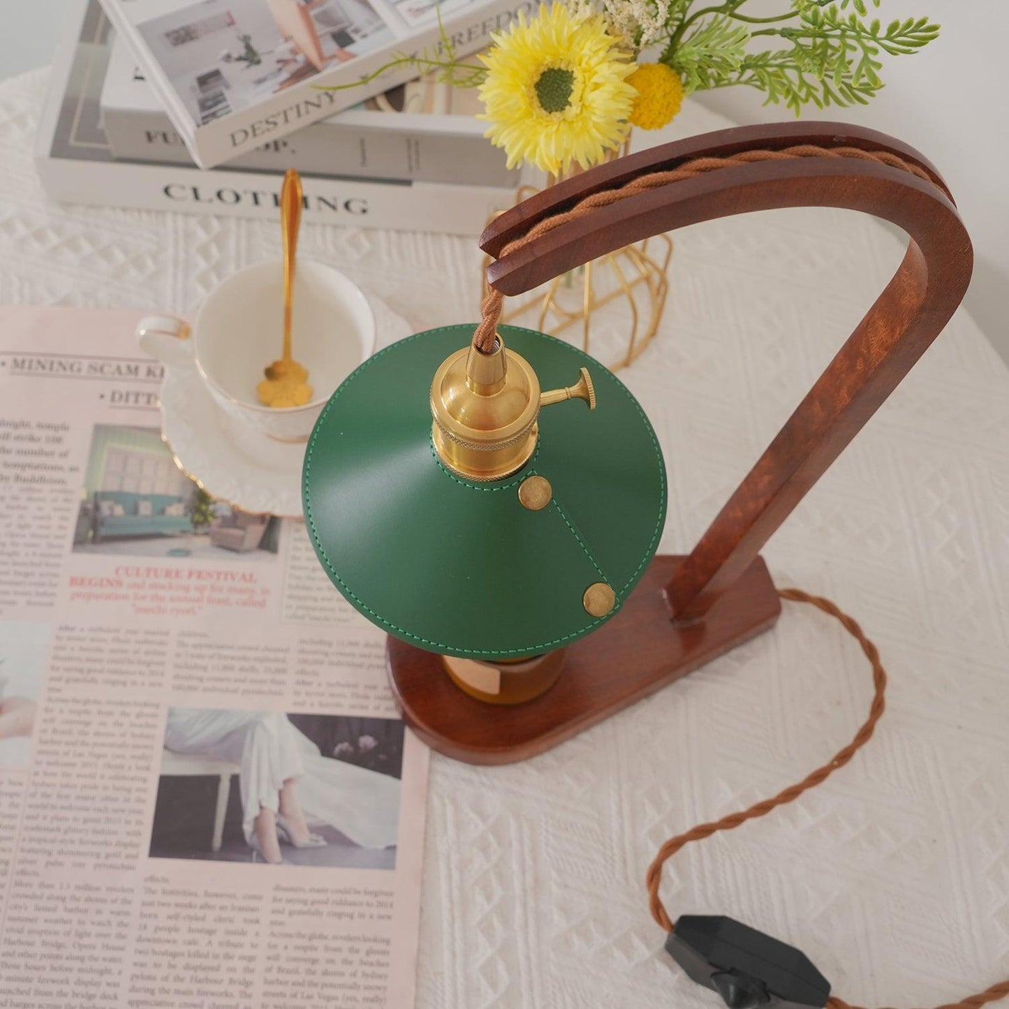 Diosa Table Lamp | Wood, Metal, Leather | Gold, Walnut, Green