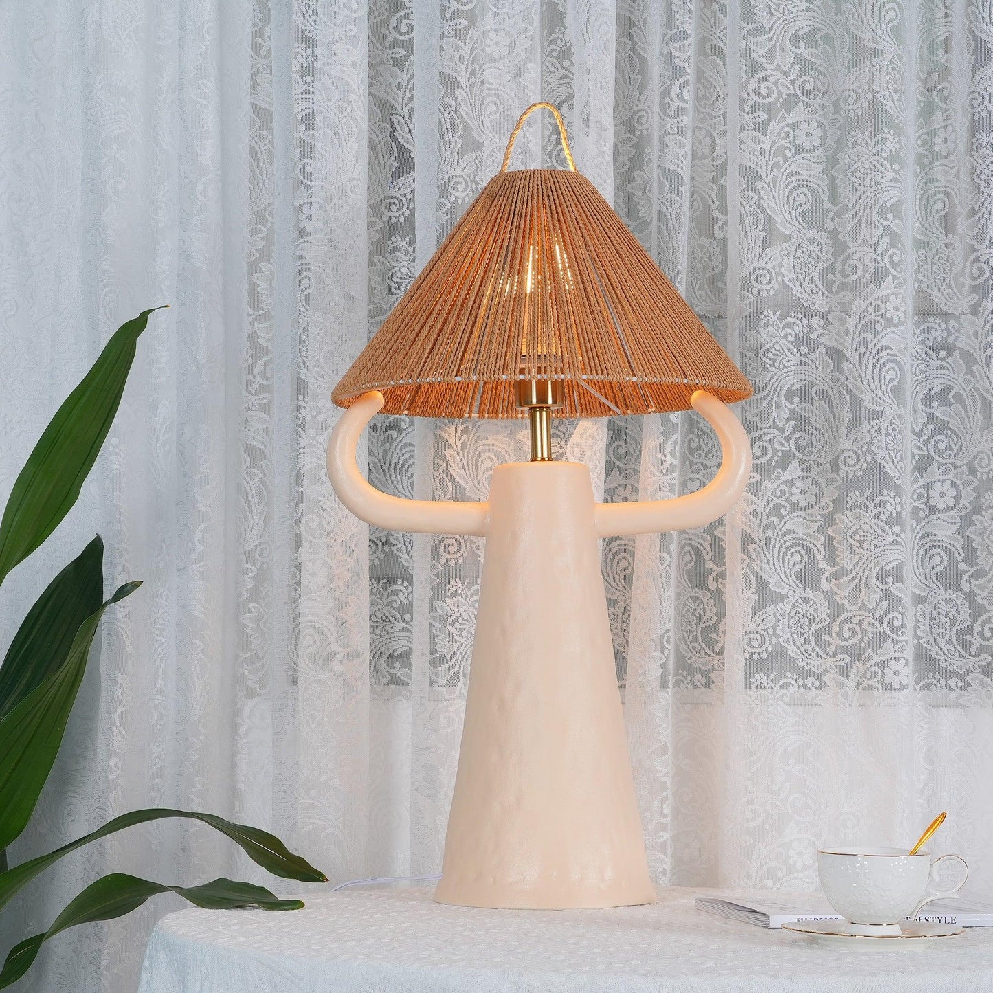 Horns Ceramic Table Lamp | Braided Rope Shade | White/Terra Cotta/Skin