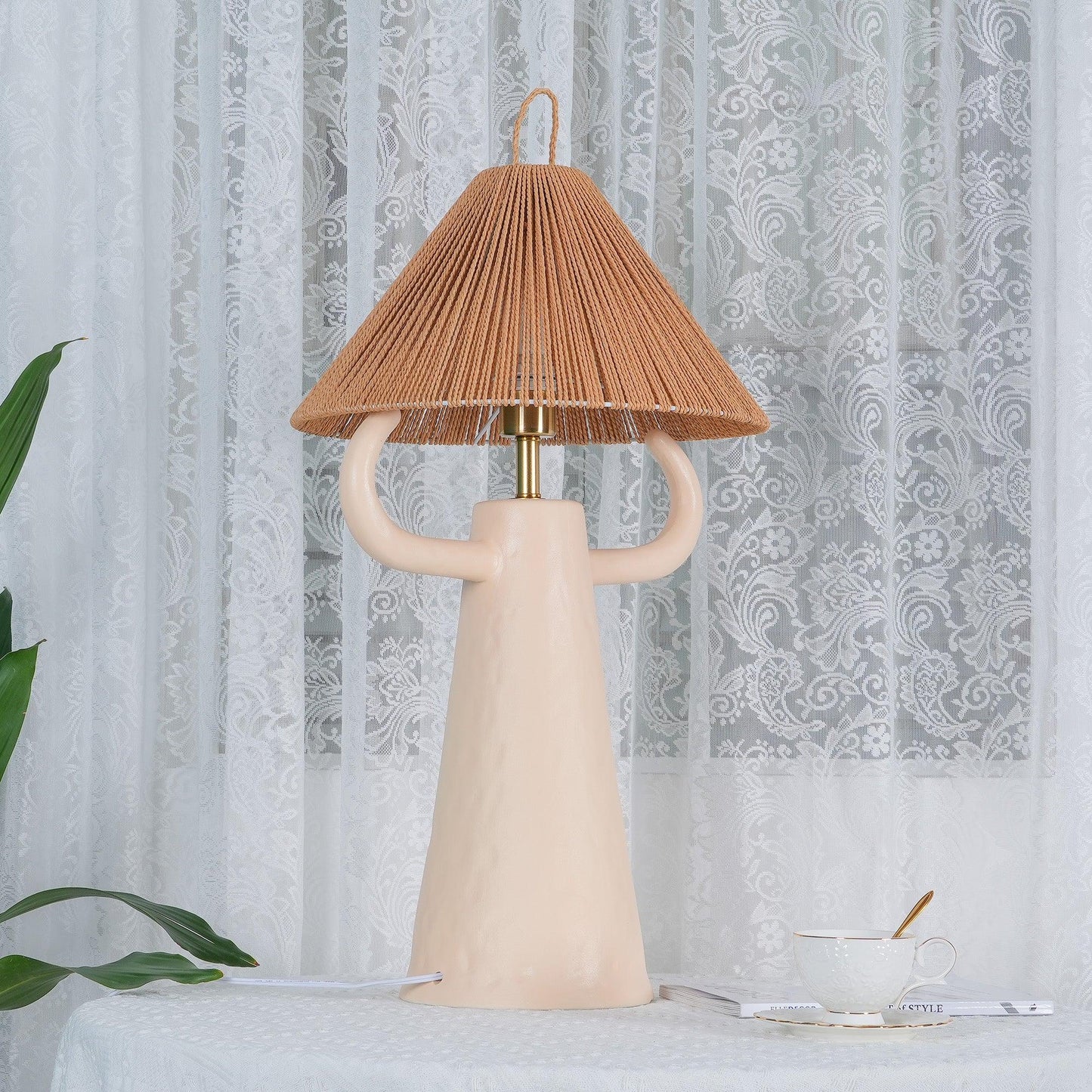 Horns Ceramic Table Lamp | Braided Rope Shade | White/Terra Cotta/Skin