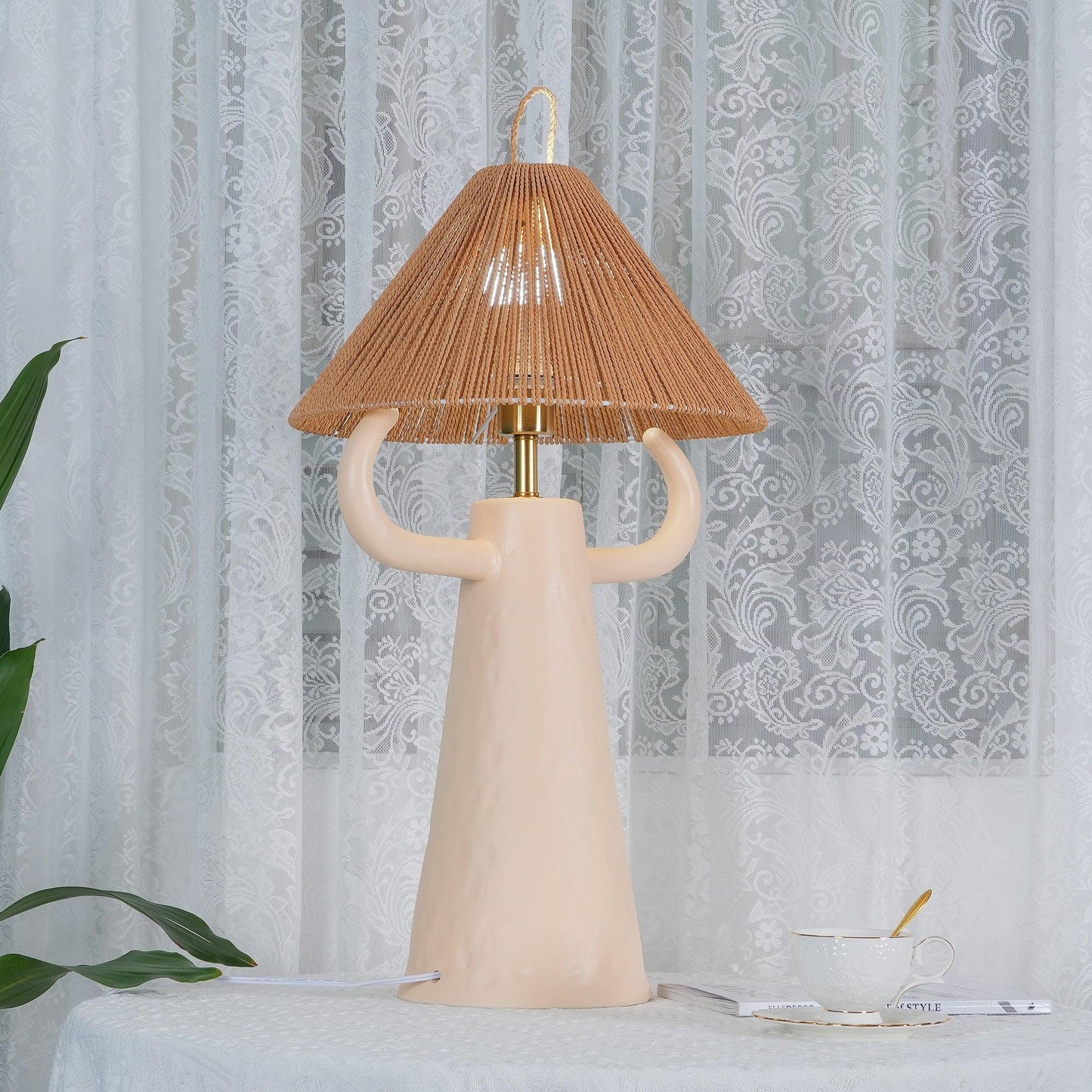 Horns Ceramic Table Lamp | Braided Rope Shade | White/Terra Cotta/Skin