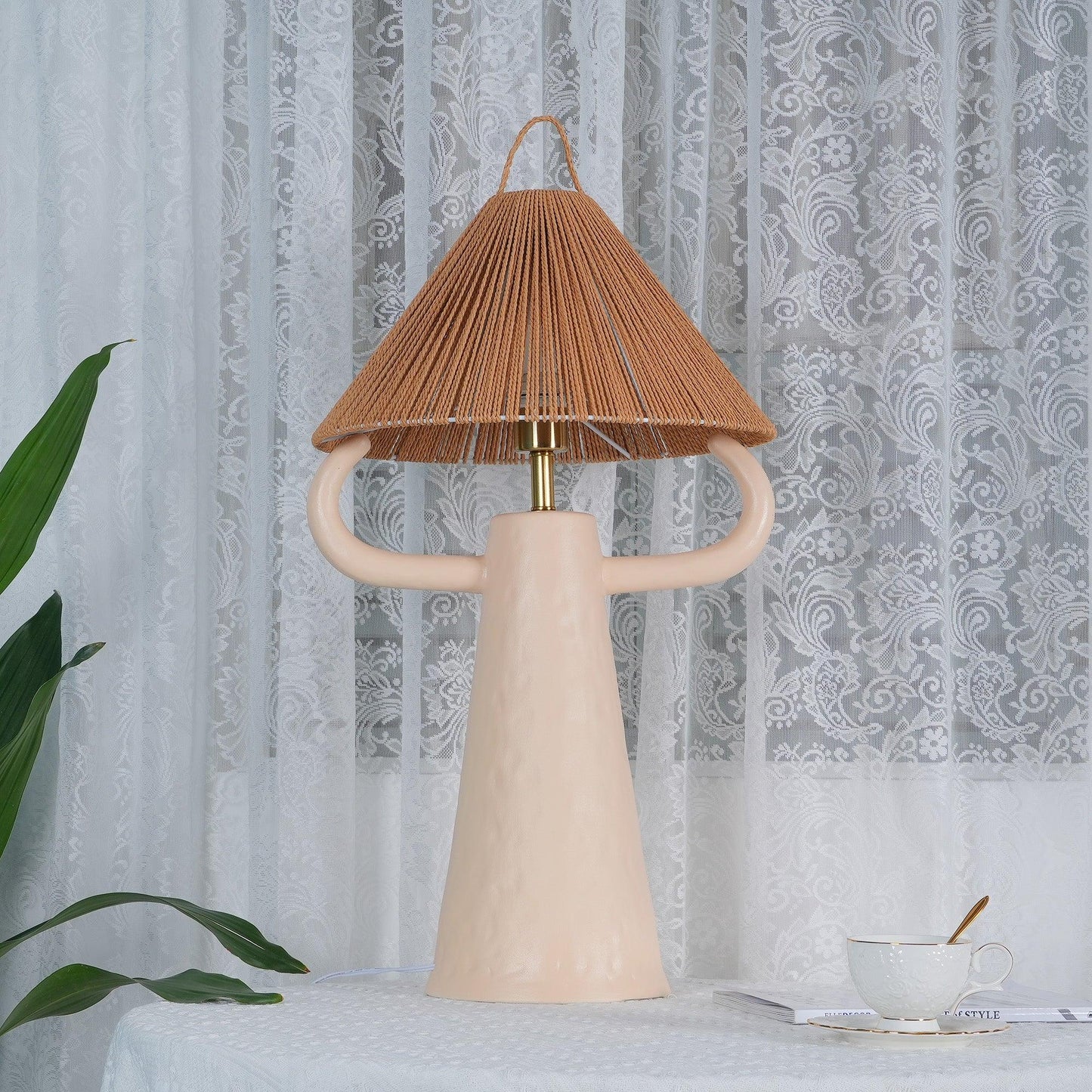 Horns Ceramic Table Lamp | Braided Rope Shade | White/Terra Cotta/Skin