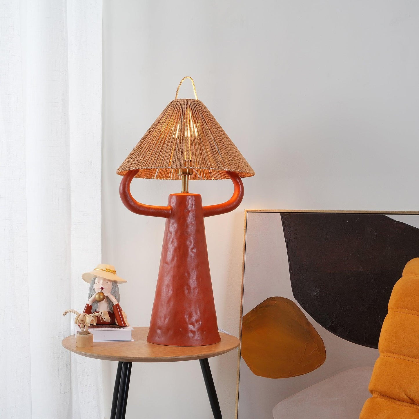 Horns Ceramic Table Lamp | Braided Rope Shade | White/Terra Cotta/Skin