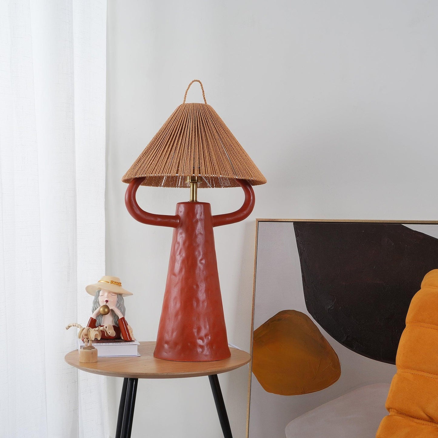 Horns Ceramic Table Lamp | Braided Rope Shade | White/Terra Cotta/Skin