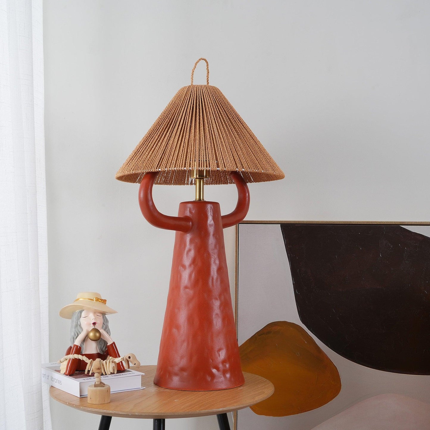 Horns Ceramic Table Lamp | Braided Rope Shade | White/Terra Cotta/Skin