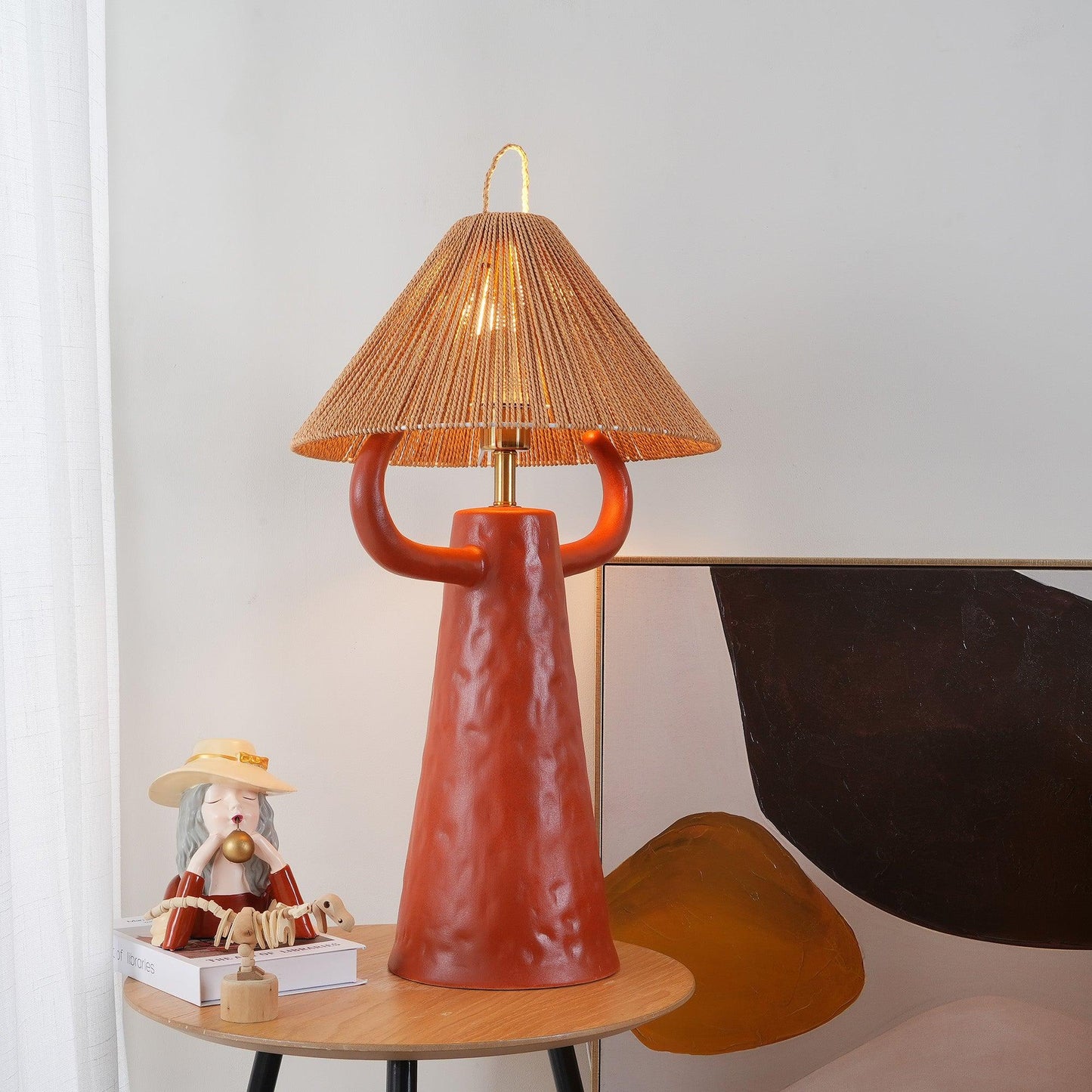 Horns Ceramic Table Lamp | Braided Rope Shade | White/Terra Cotta/Skin