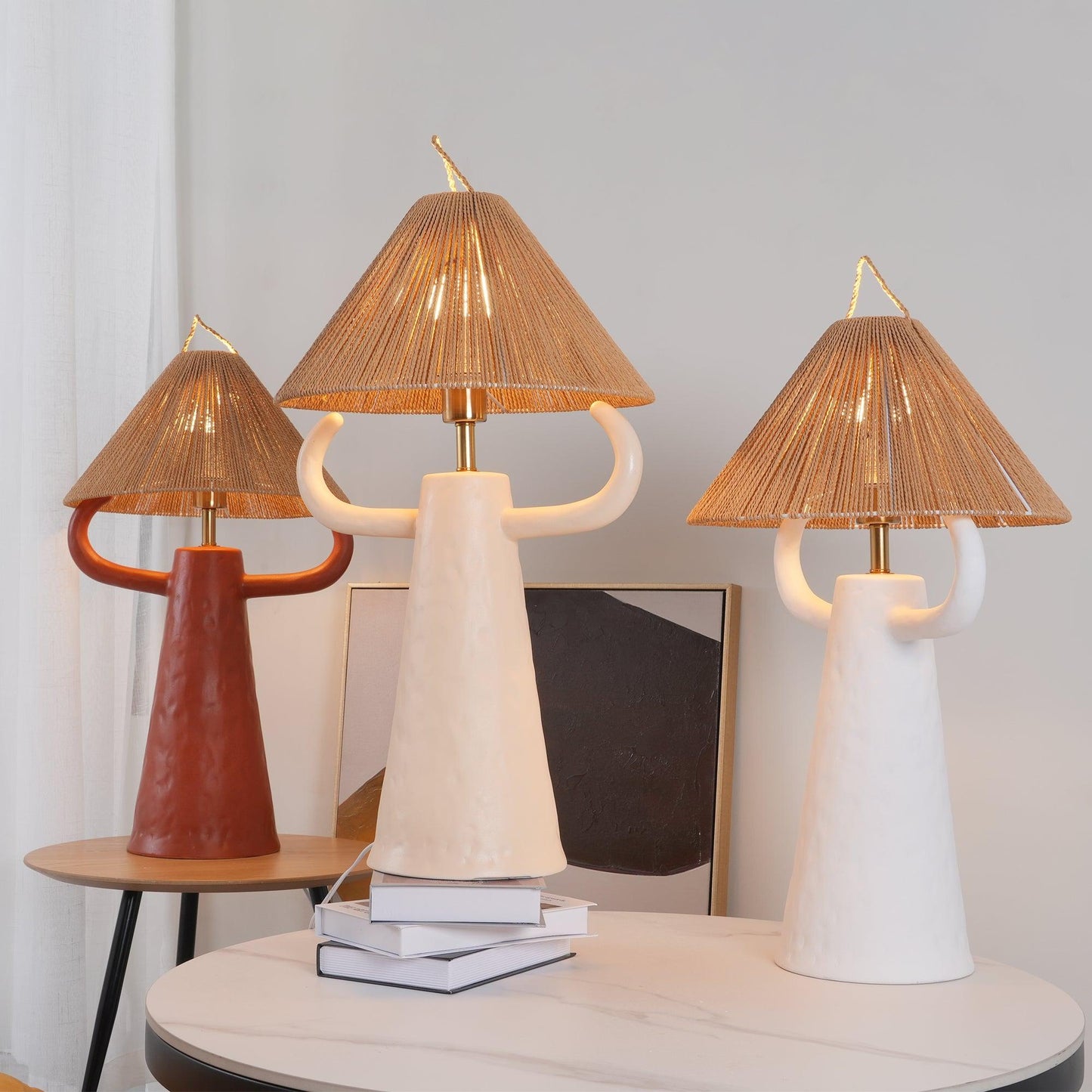 Horns Ceramic Table Lamp | Braided Rope Shade | White/Terra Cotta/Skin