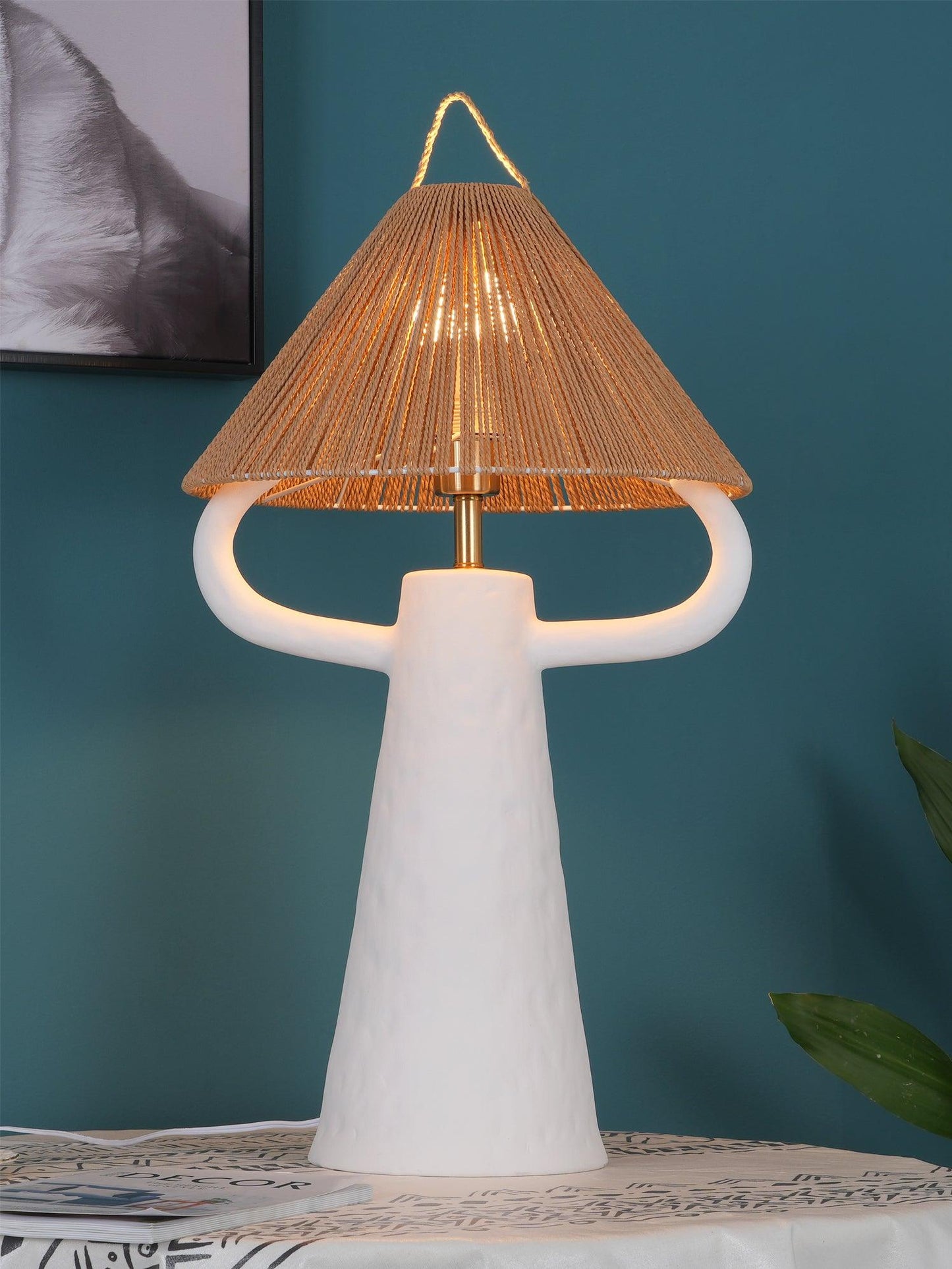 Horns Ceramic Table Lamp | Braided Rope Shade | White/Terra Cotta/Skin