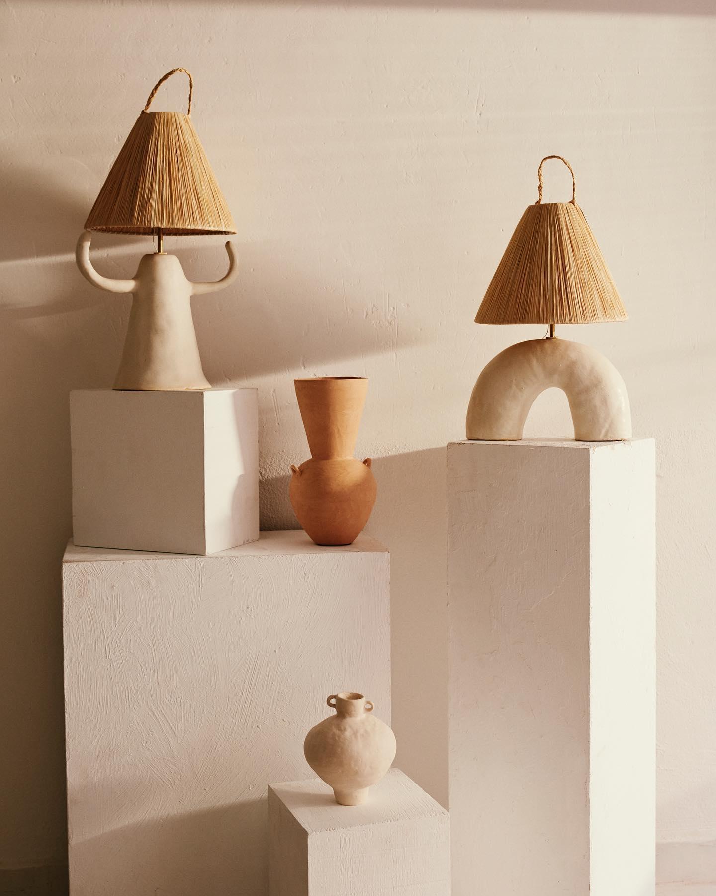 Horns Ceramic Table Lamp | Braided Rope Shade | White/Terra Cotta/Skin