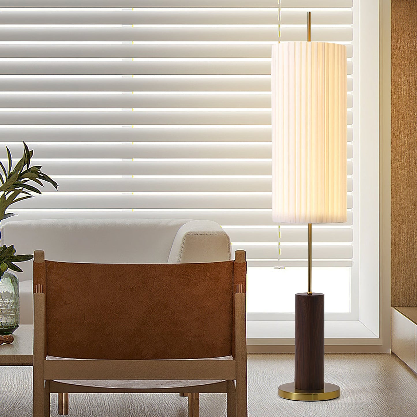 Dorica Floor Lamp | Metal & Wood | Gold and Walnut Color
