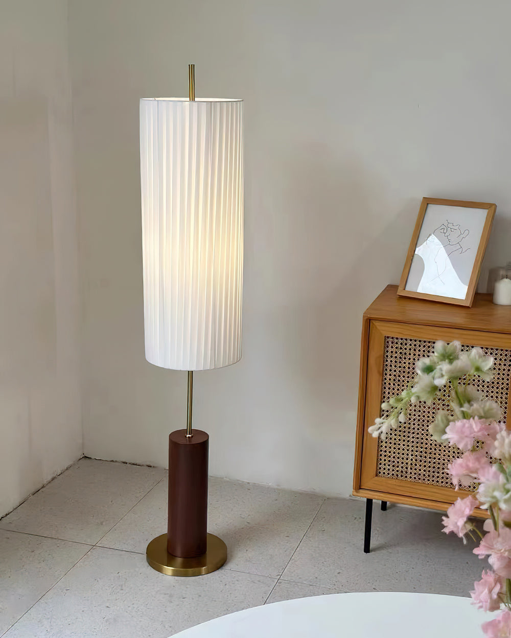 Dorica Floor Lamp | Metal & Wood | Gold and Walnut Color