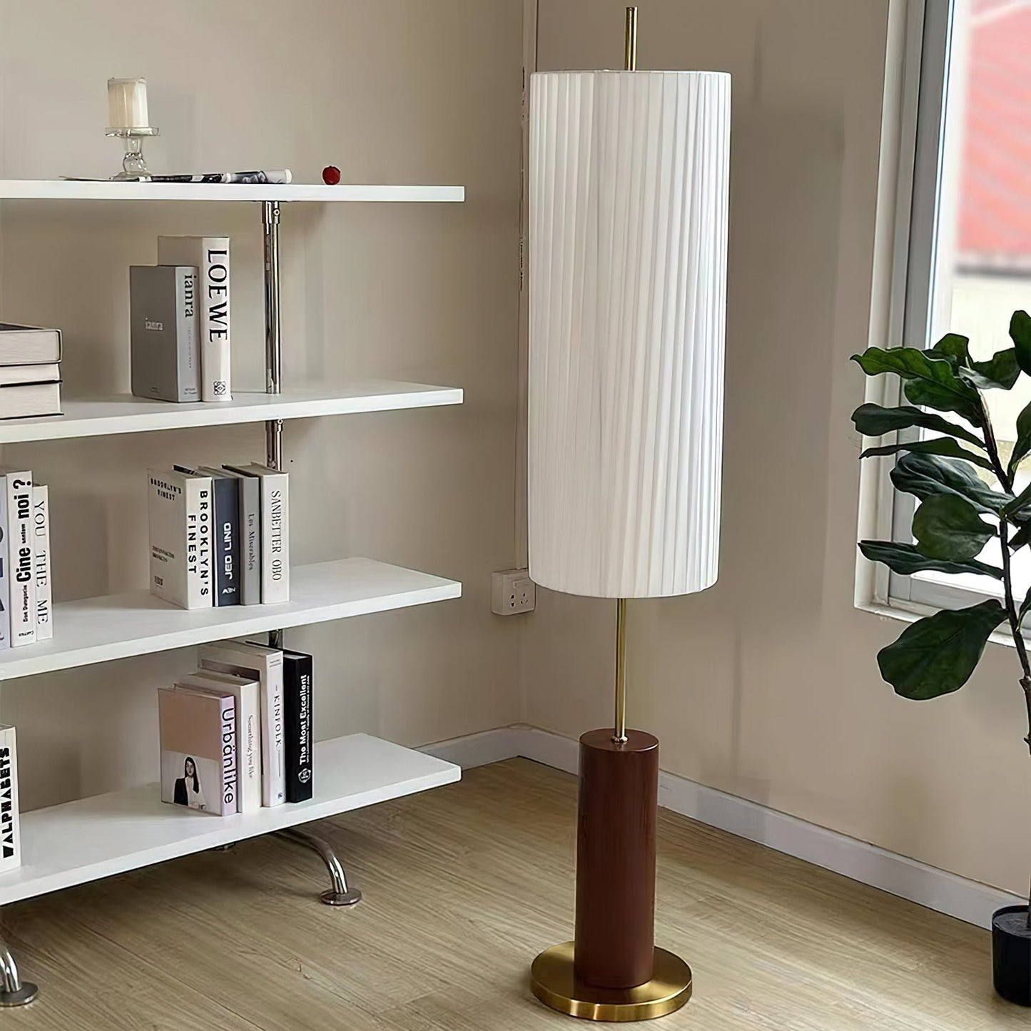 Dorica Floor Lamp | Metal & Wood | Gold and Walnut Color