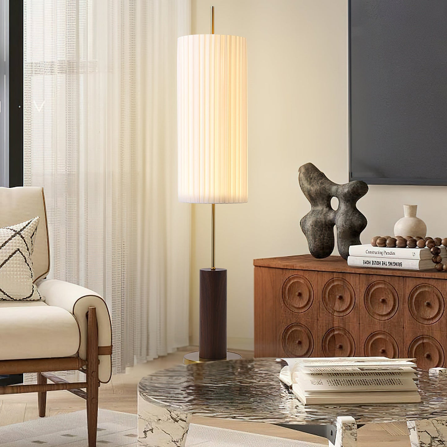 Dorica Floor Lamp | Metal & Wood | Gold and Walnut Color