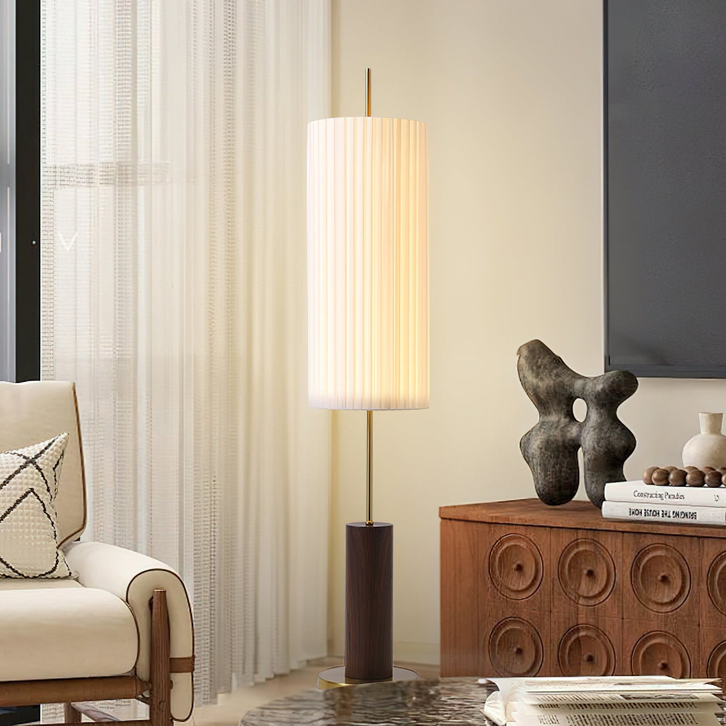 Dorica Floor Lamp | Metal & Wood | Gold and Walnut Color