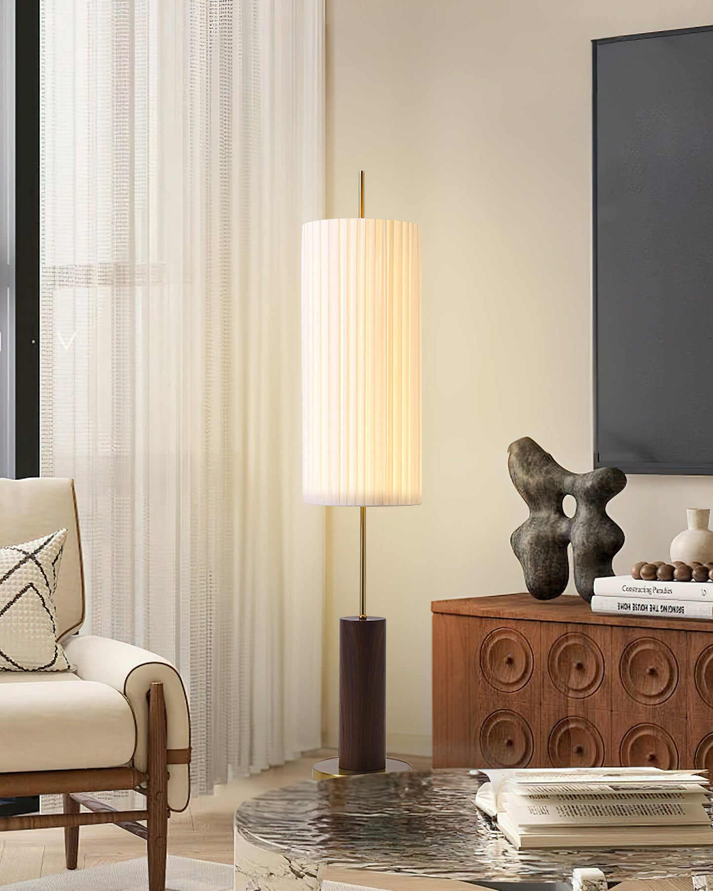 Dorica Floor Lamp | Metal & Wood | Gold and Walnut Color