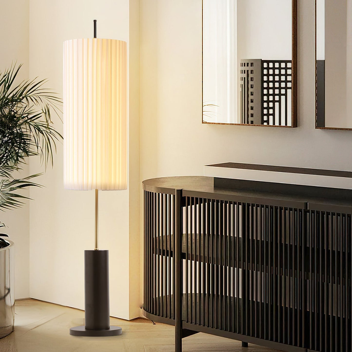 Dorica Floor Lamp | Metal & Wood | Gold and Walnut Color