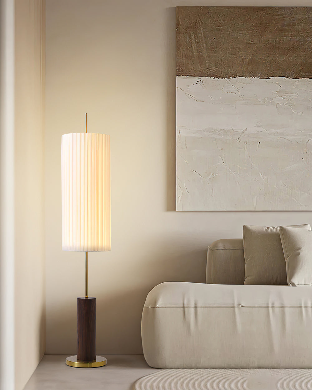 Dorica Floor Lamp | Metal & Wood | Gold and Walnut Color