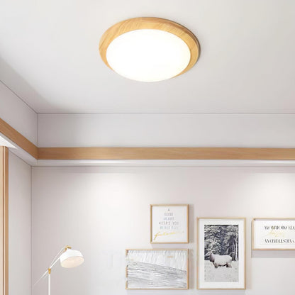 Drum Wood Ceiling Lamp | Rubberwood & Acrylic | White Shade
