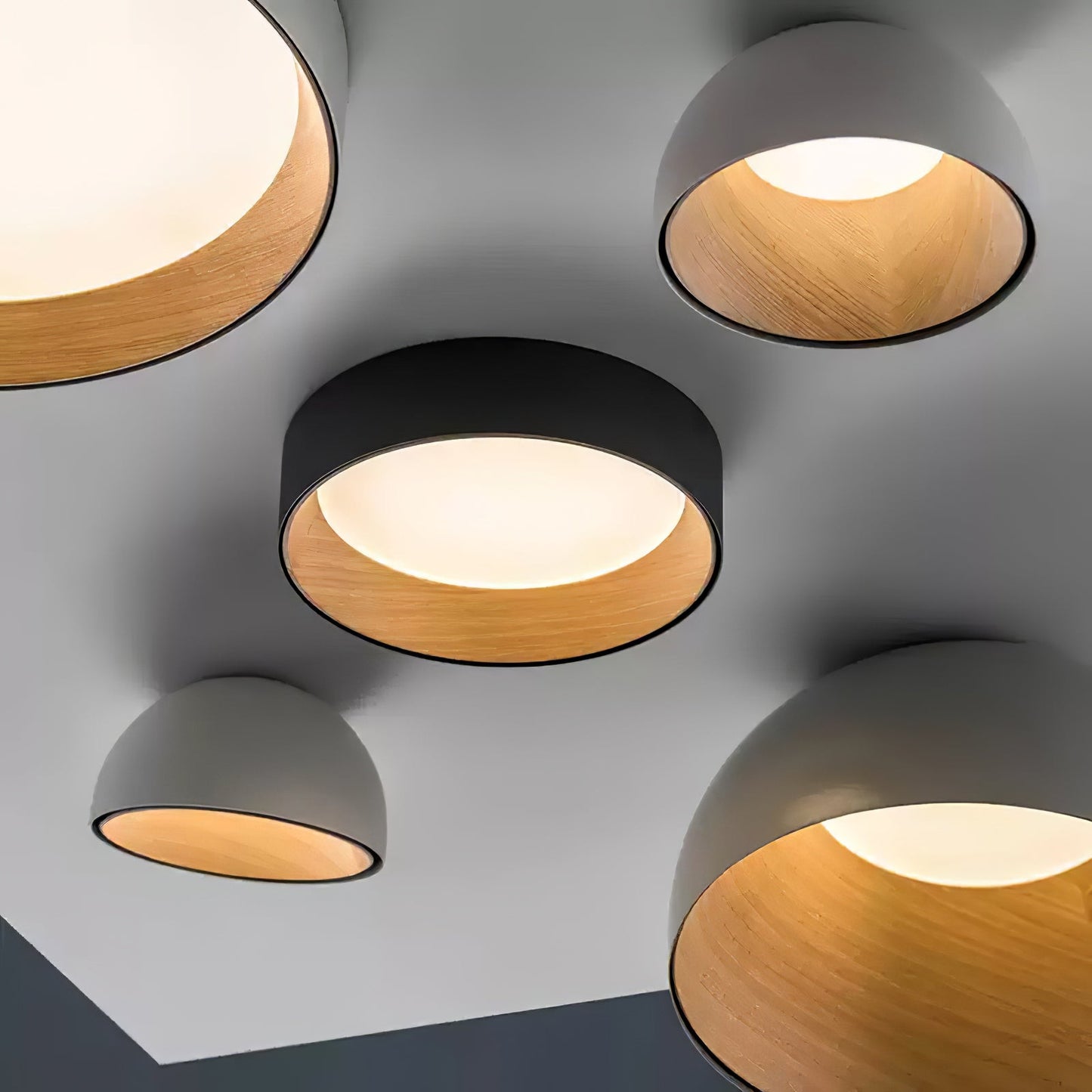Duo Round Ceiling Lamp | Water Transfer Wood Grain & Aluminum | Black, White or Wood Grain