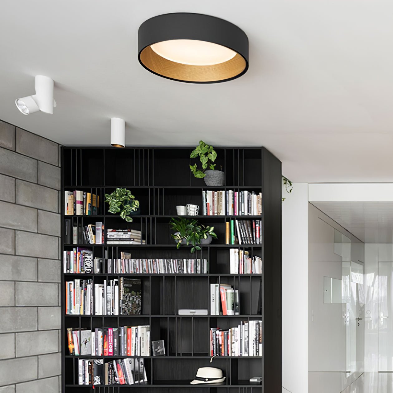Duo Round Ceiling Lamp | Water Transfer Wood Grain & Aluminum | Black, White or Wood Grain