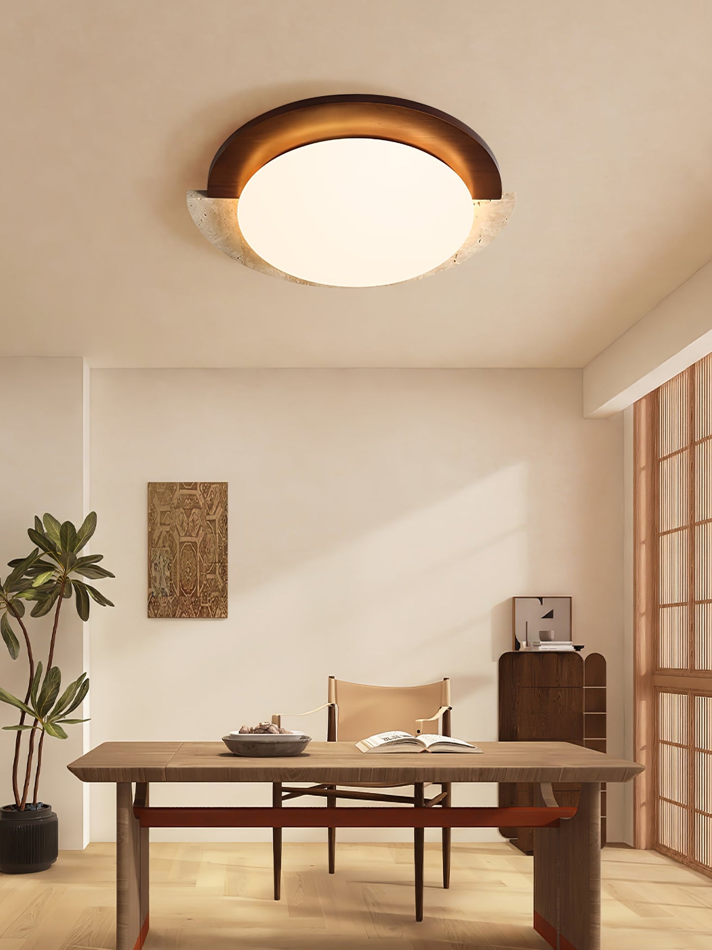 Eclipse Halo Ceiling Lamp | Travertine & Metal | Dark Walnut or Yellow Travertine
