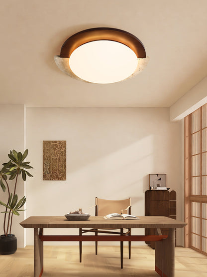 Eclipse Halo Ceiling Lamp | Travertine & Metal | Dark Walnut or Yellow Travertine