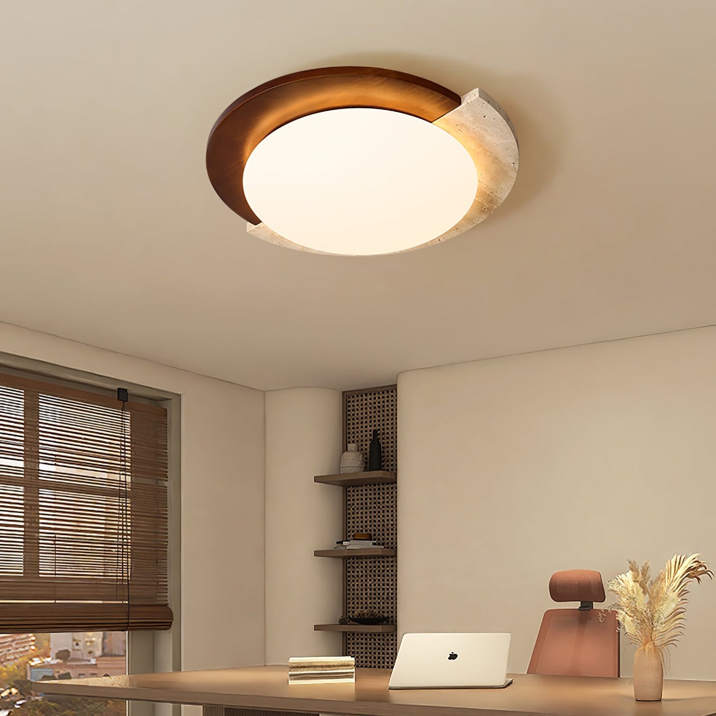 Eclipse Halo Ceiling Lamp | Travertine & Metal | Dark Walnut or Yellow Travertine