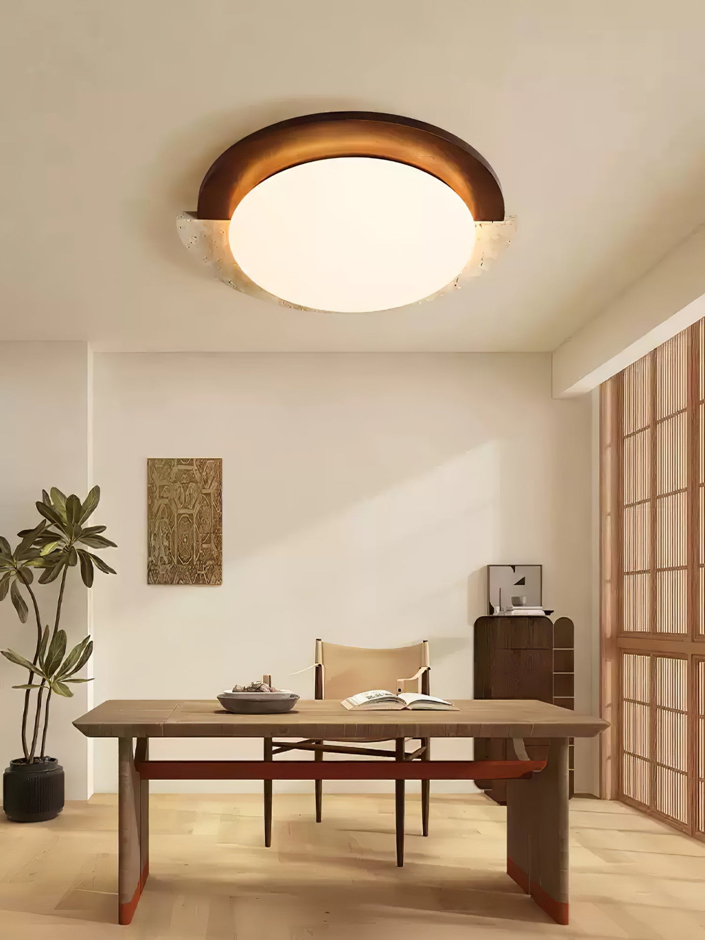 Eclipse Halo Ceiling Lamp | Travertine & Metal | Dark Walnut or Yellow Travertine