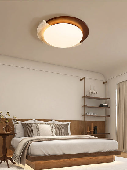 Eclipse Halo Ceiling Lamp | Travertine & Metal | Dark Walnut or Yellow Travertine