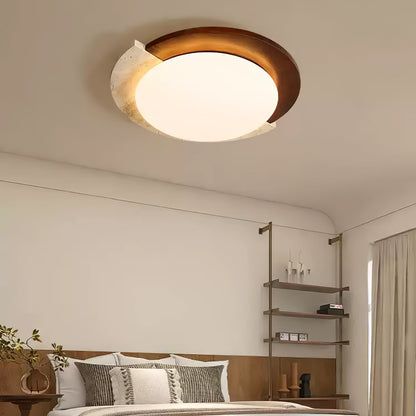 Eclipse Halo Ceiling Lamp | Travertine & Metal | Dark Walnut or Yellow Travertine