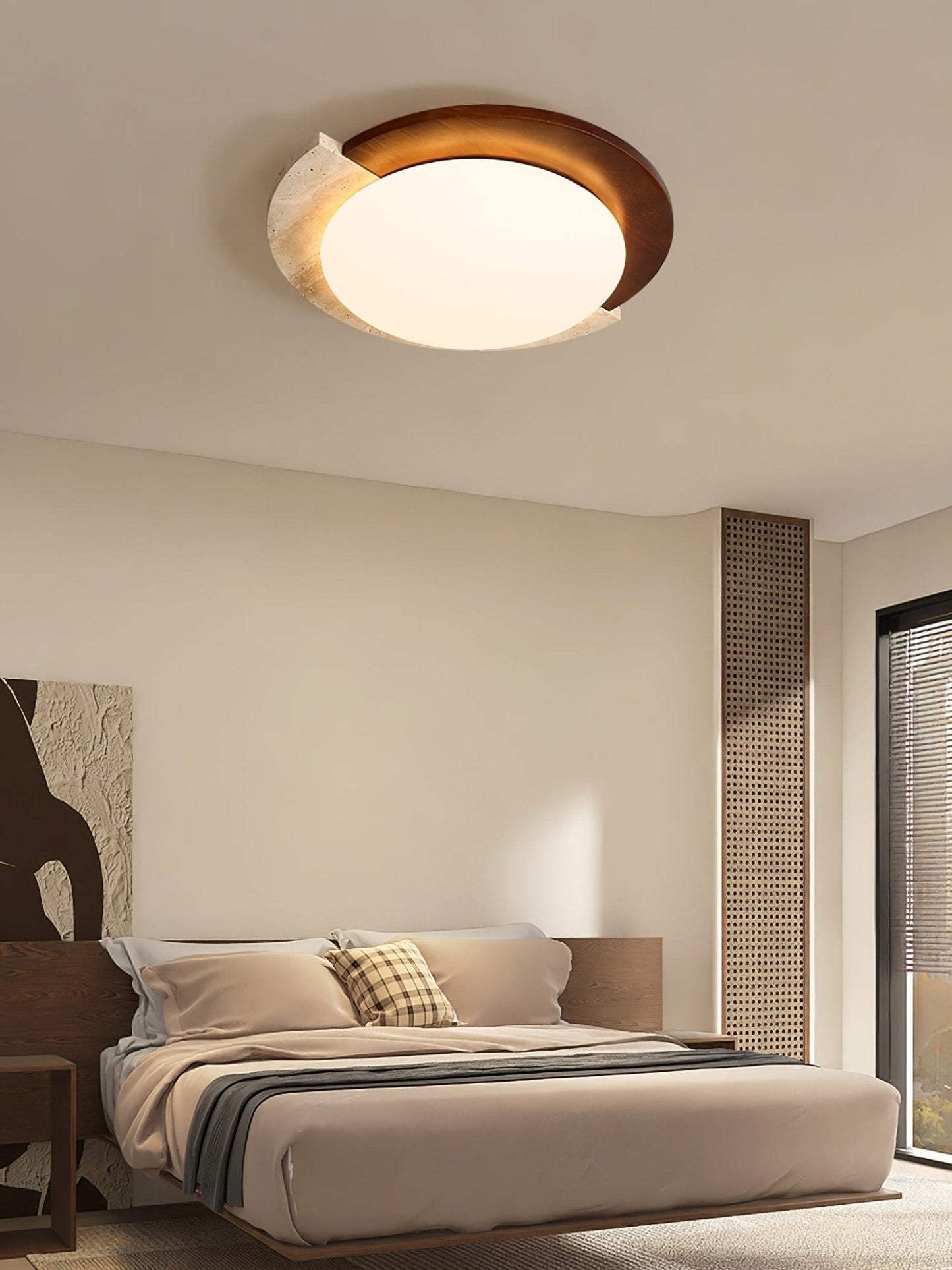 Eclipse Halo Ceiling Lamp | Travertine & Metal | Dark Walnut or Yellow Travertine