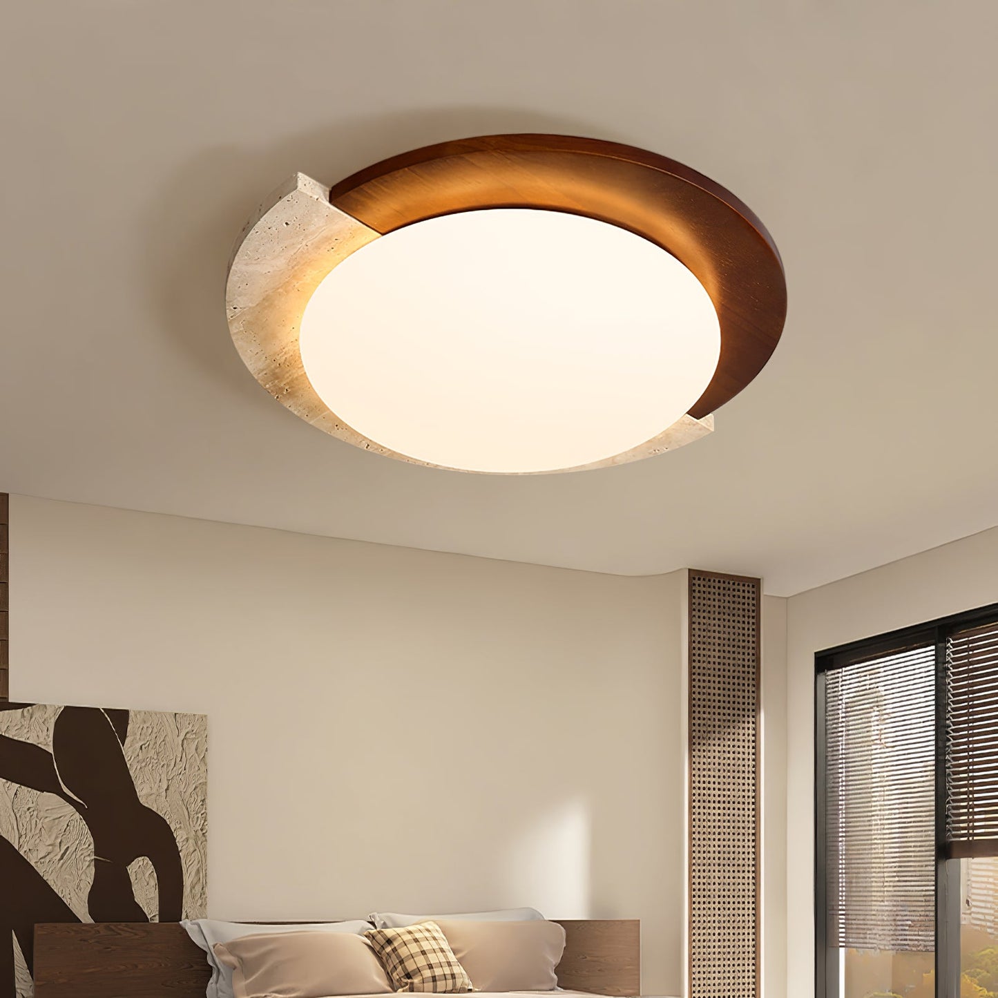 Eclipse Halo Ceiling Lamp | Travertine & Metal | Dark Walnut or Yellow Travertine