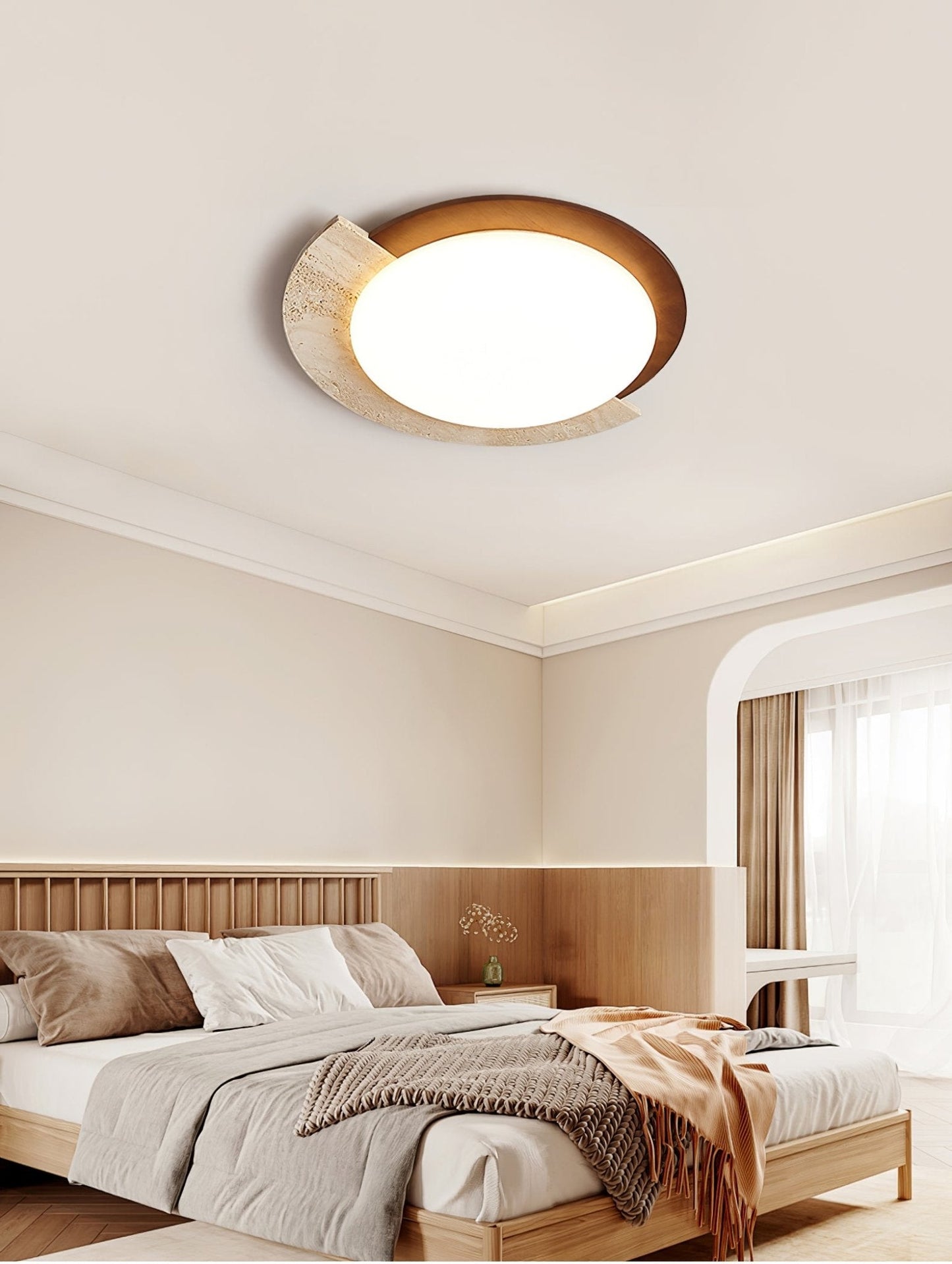 Eclipse Halo Ceiling Lamp | Travertine & Metal | Dark Walnut or Yellow Travertine