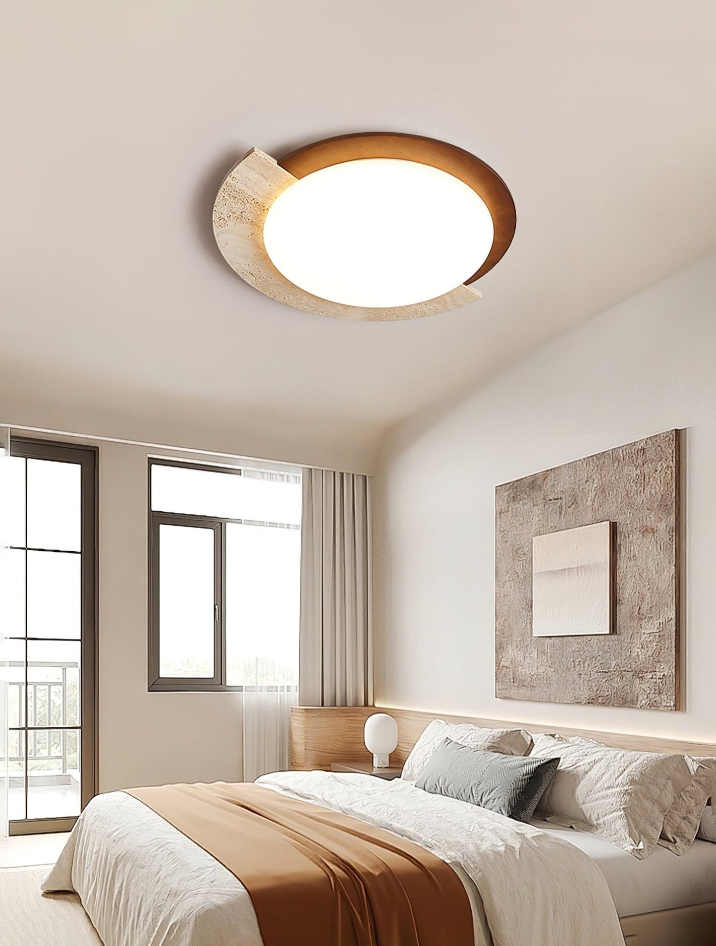 Eclipse Halo Ceiling Lamp | Travertine & Metal | Dark Walnut or Yellow Travertine
