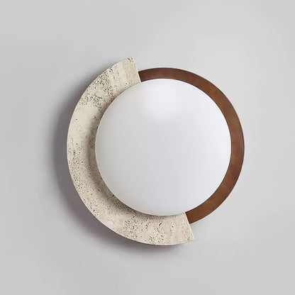 Eclipse Halo Ceiling Lamp | Travertine & Metal | Dark Walnut or Yellow Travertine