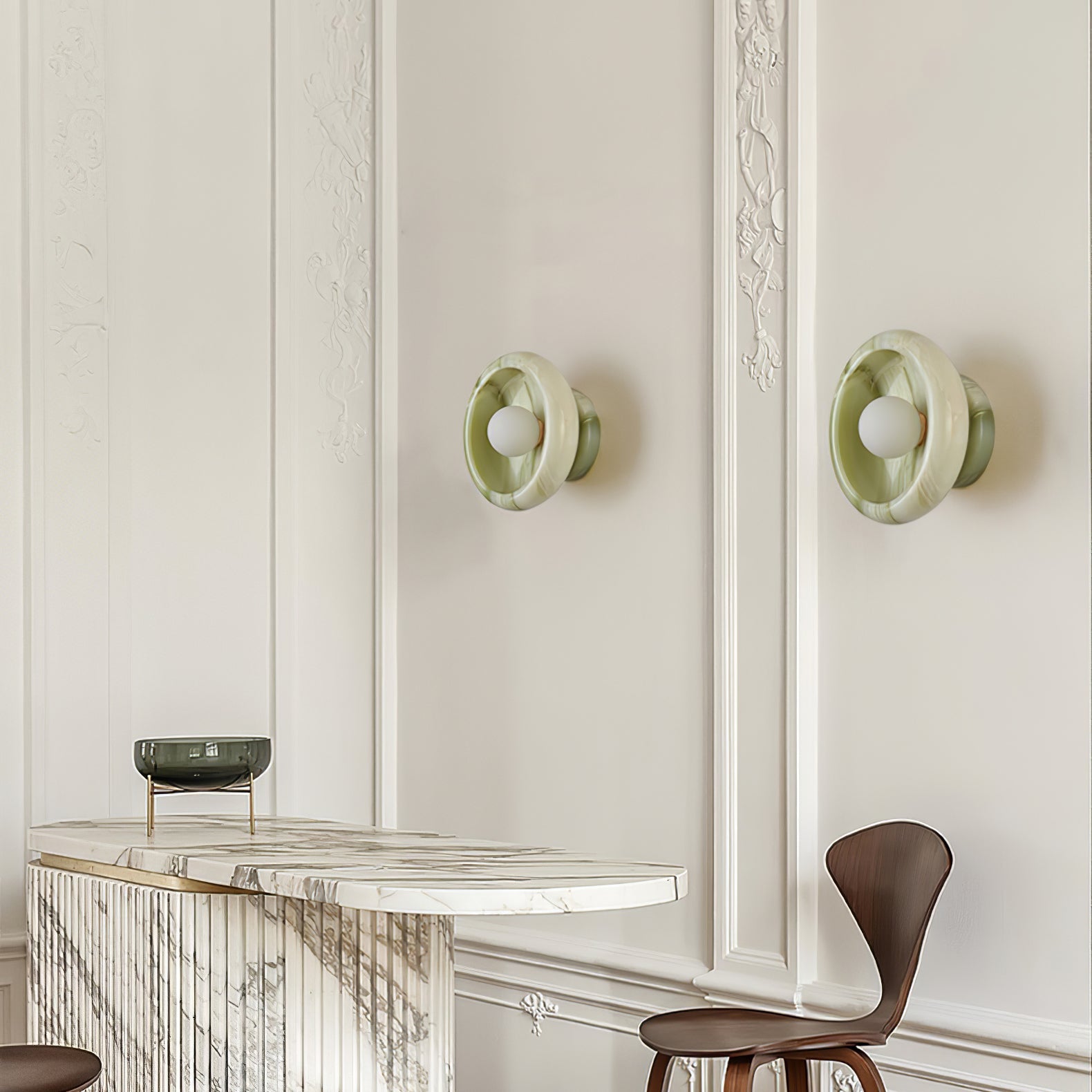 Eclipse Jade Wall Sconce | Natural Jade, Marble, Metal, Glass | Green, White, Beige, Black, White