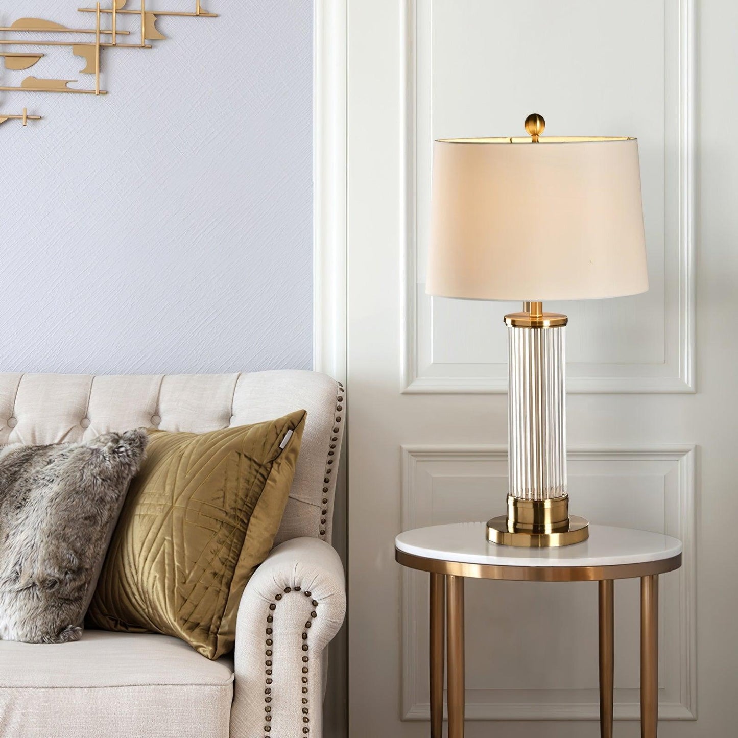 Edda Table Lamp | Metal Base & Linen Shade | Gold & White