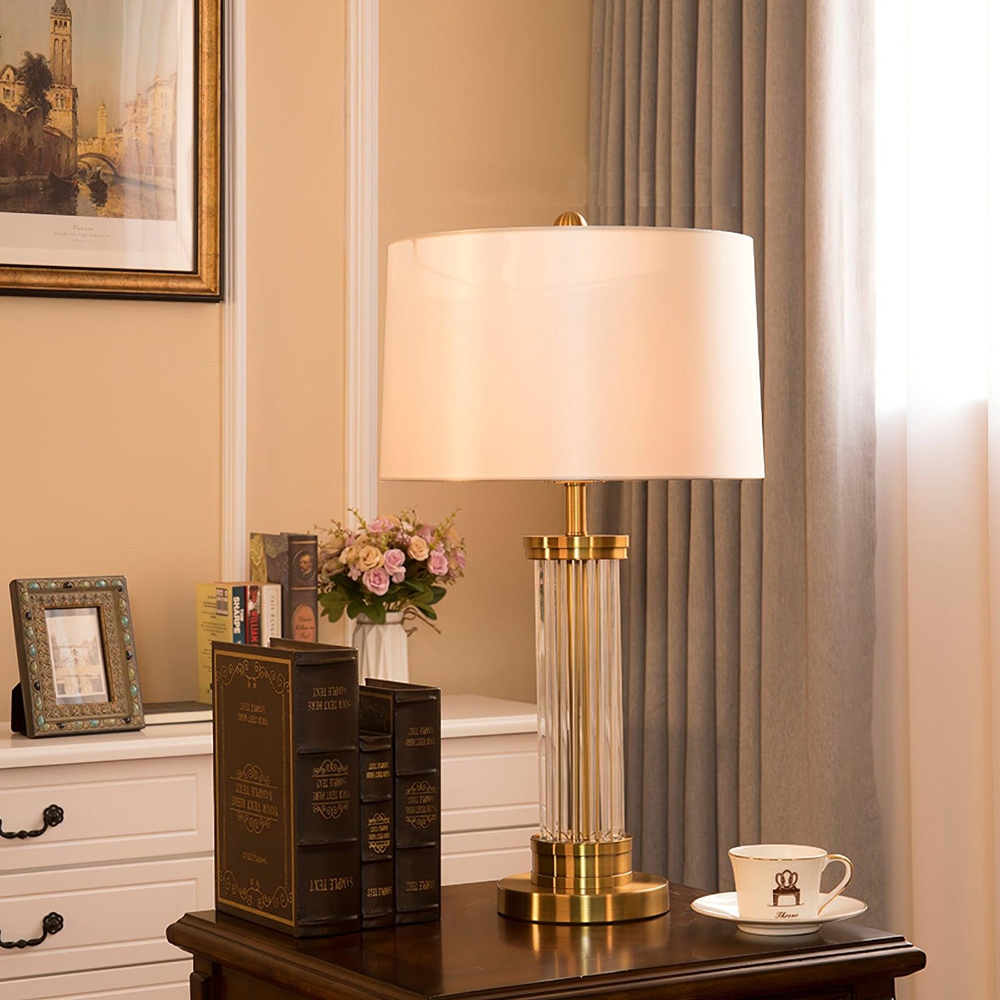 Edda Table Lamp | Metal Base & Linen Shade | Gold & White