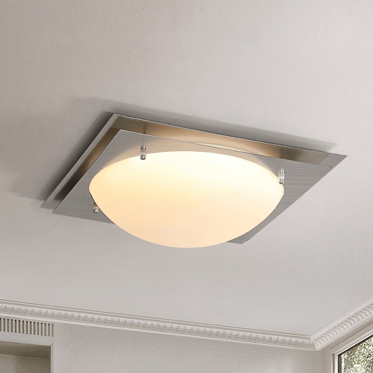 Edged Glass Ceiling Lamp | Stainless Steel | White Shade