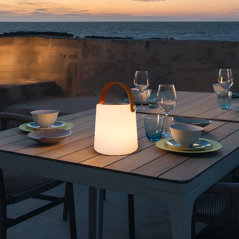 Elara Portable Lantern Table Lamp | Metal, PE, Leather | White, Black, Brown