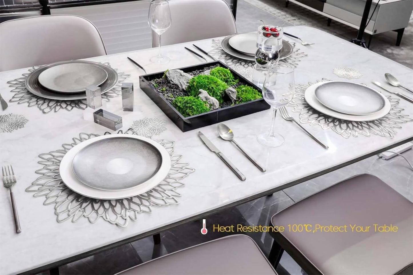 Round Silver Placemats & Coaster Set | Durable Pressed Vinyl | 15.5"
