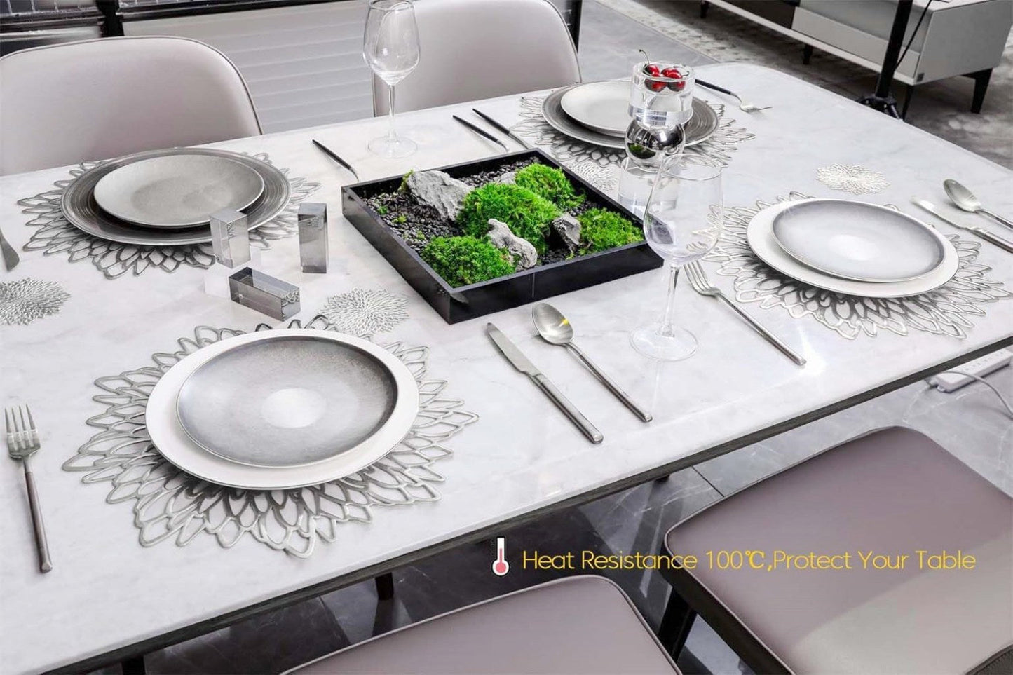 Round Silver Placemats & Coaster Set | Durable Pressed Vinyl | 15.5"