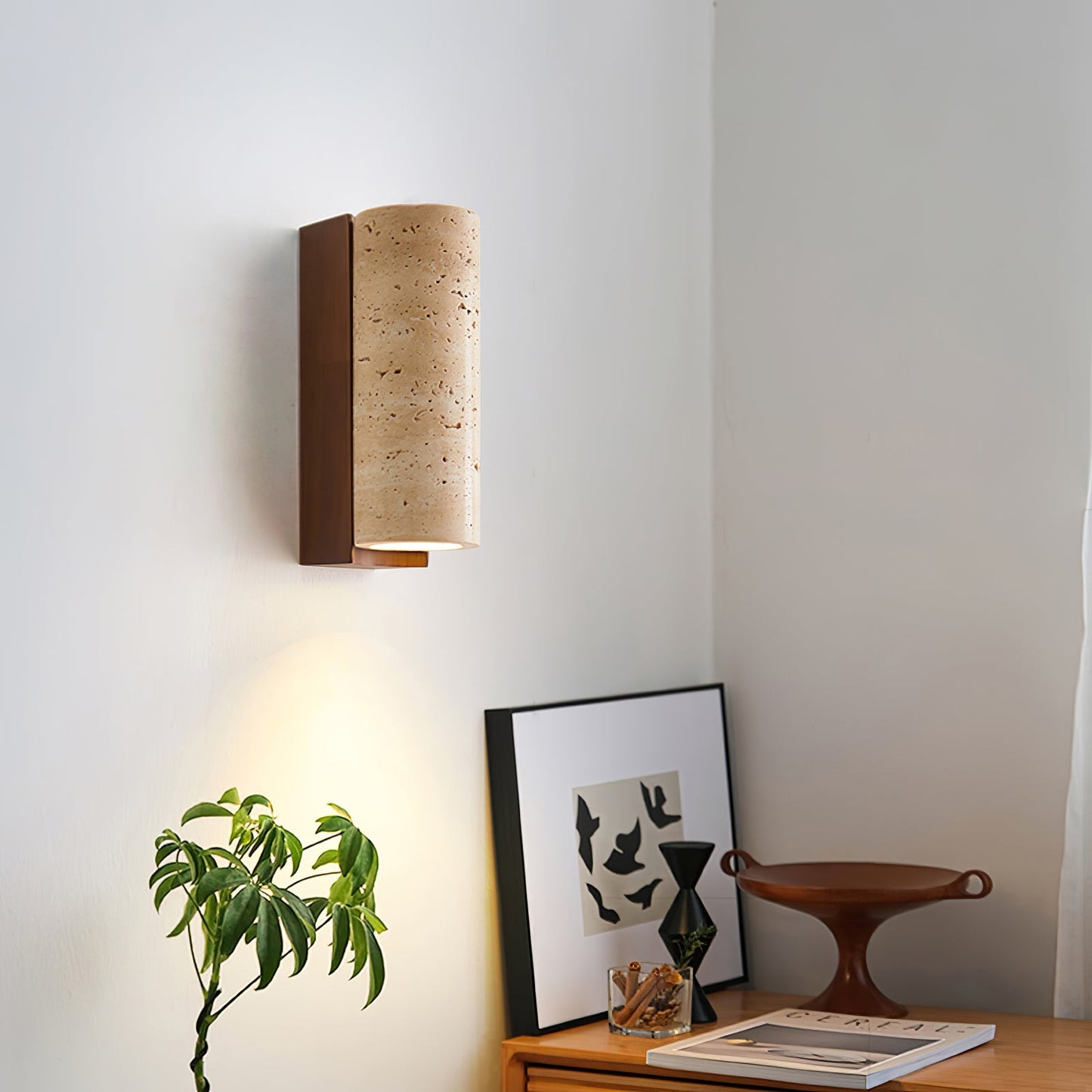 Elevate Wall Lamp | Travertine & Wood | Yellow Travertine