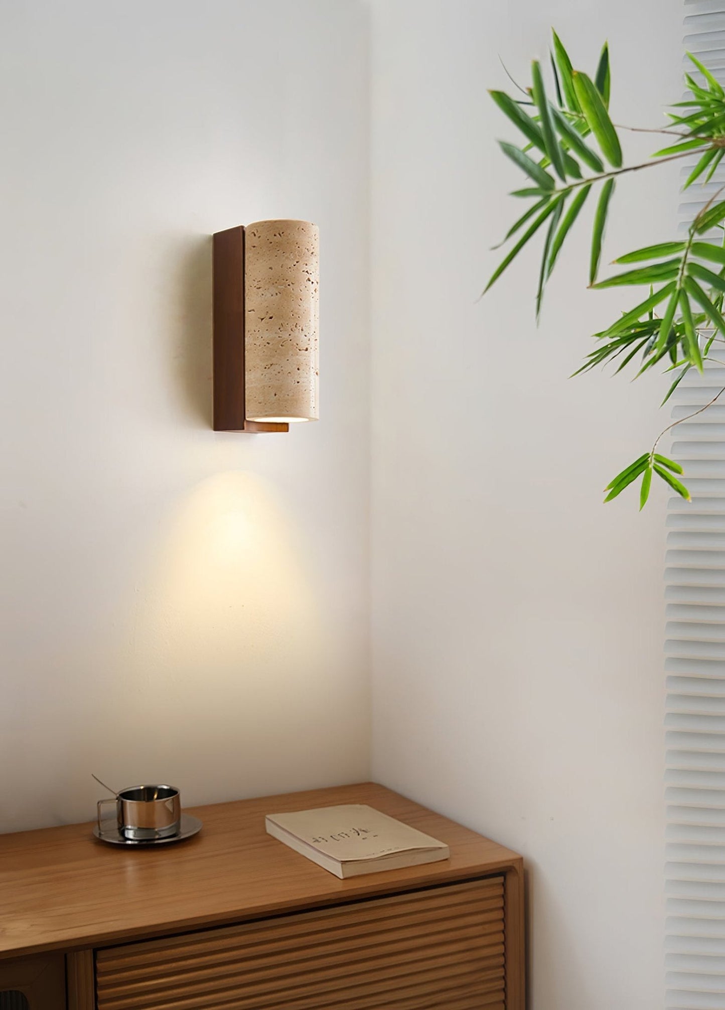 Elevate Wall Lamp | Travertine & Wood | Yellow Travertine