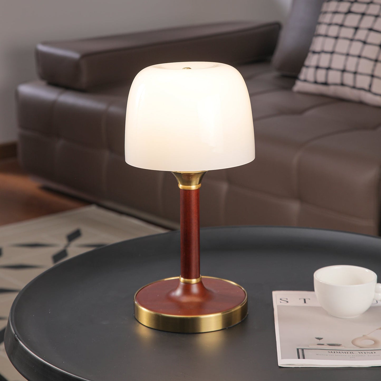 Elio Table Lamp | Amber Glass & Wood | Walnut Color