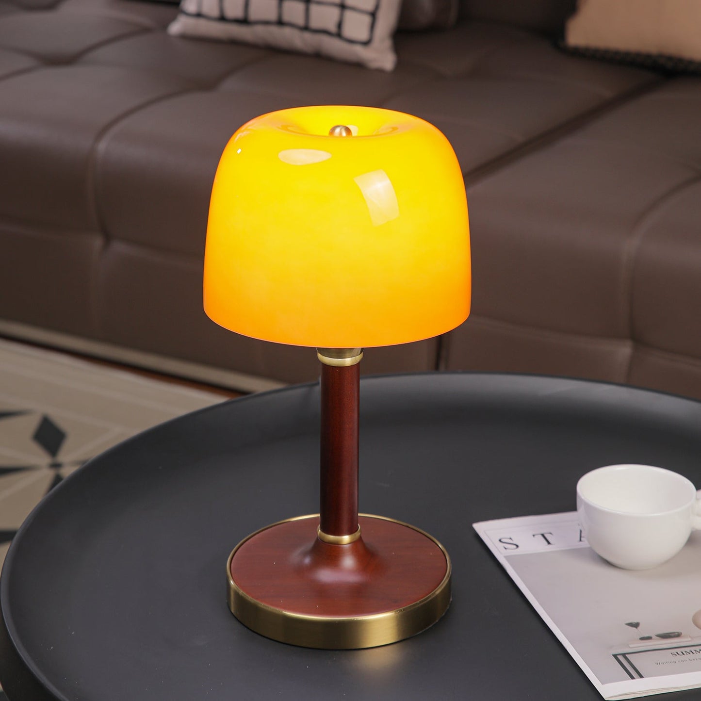 Elio Table Lamp | Amber Glass & Wood | Walnut Color