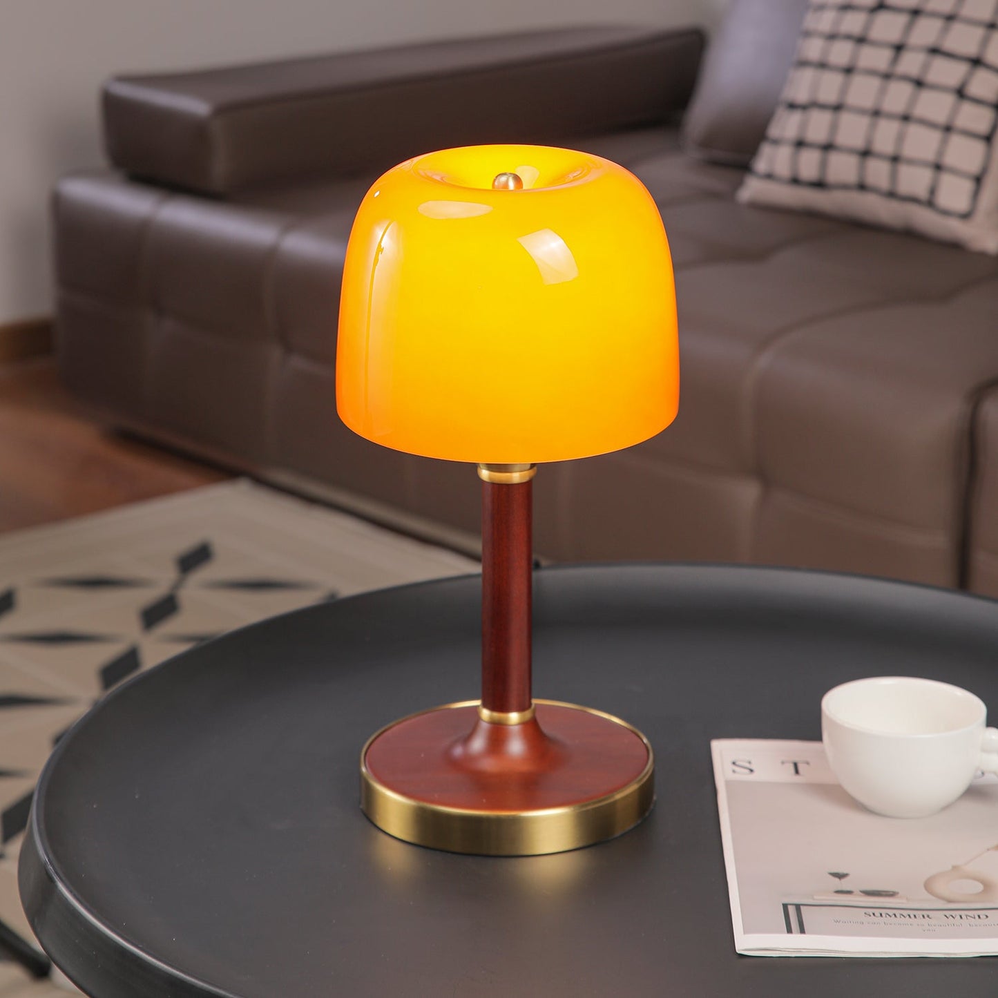 Elio Table Lamp | Amber Glass & Wood | Walnut Color