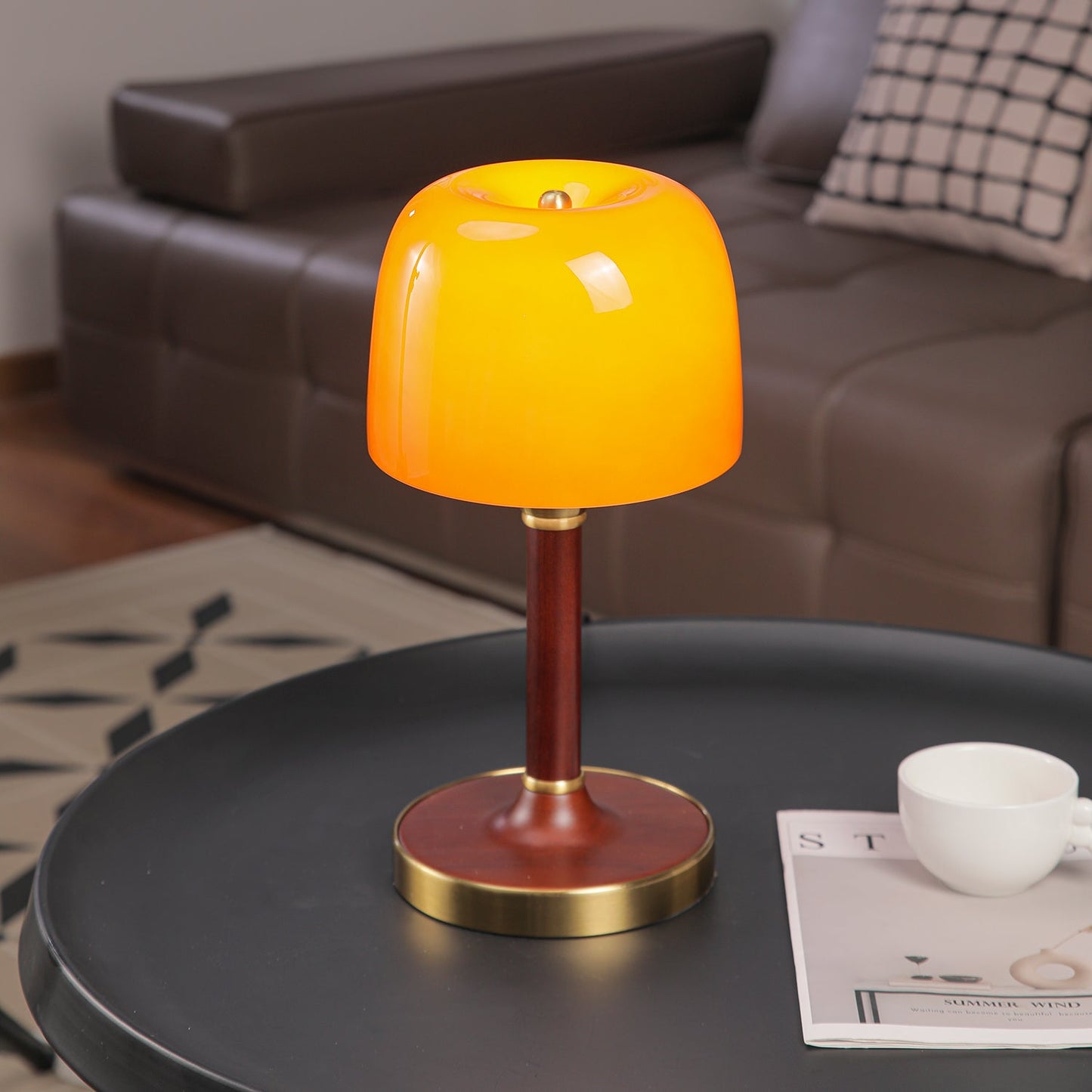 Elio Table Lamp | Amber Glass & Wood | Walnut Color