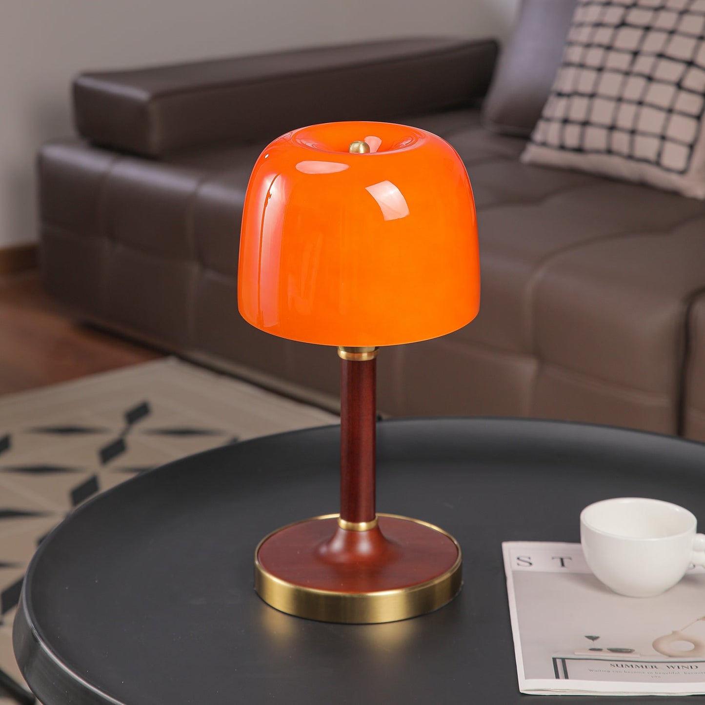 Elio Table Lamp | Amber Glass & Wood | Walnut Color