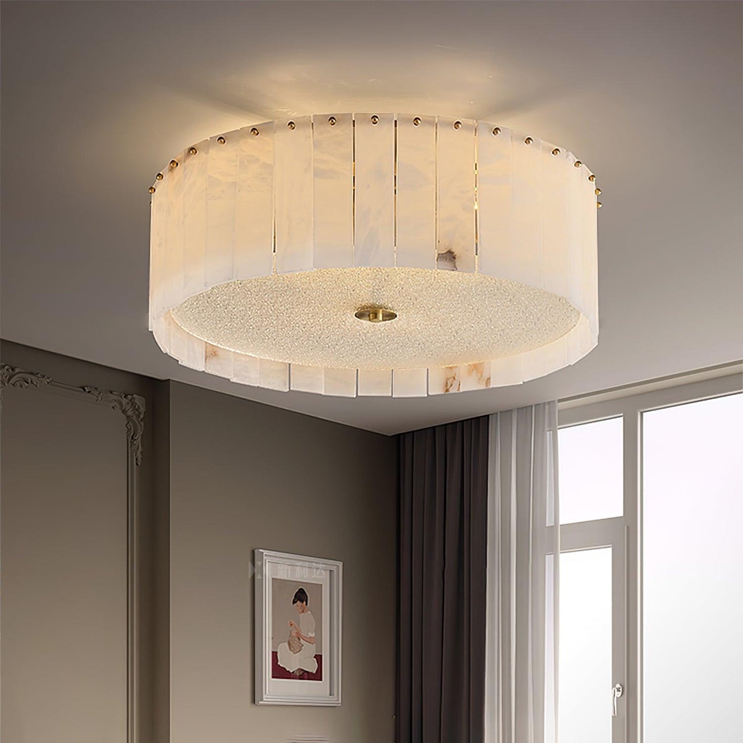Elysian Alabaster Ceiling Lamp | Brass & Alabaster | White Shade