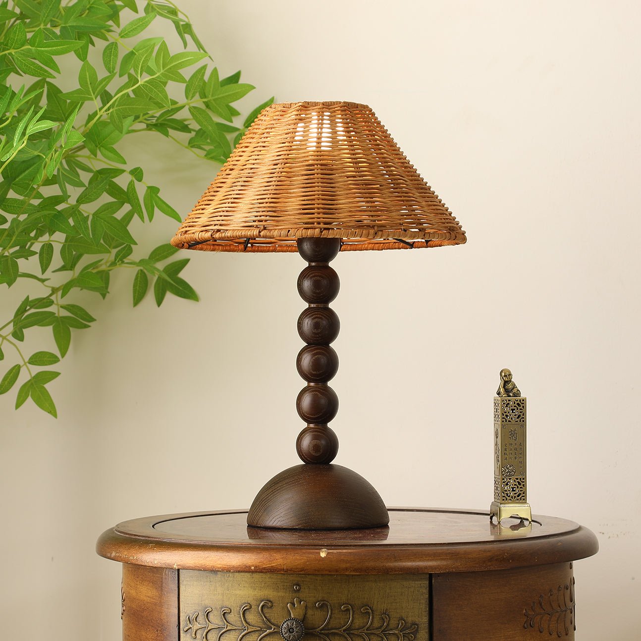 Emily Charm Table Lamp | Brown Wood Base | Woven Shade